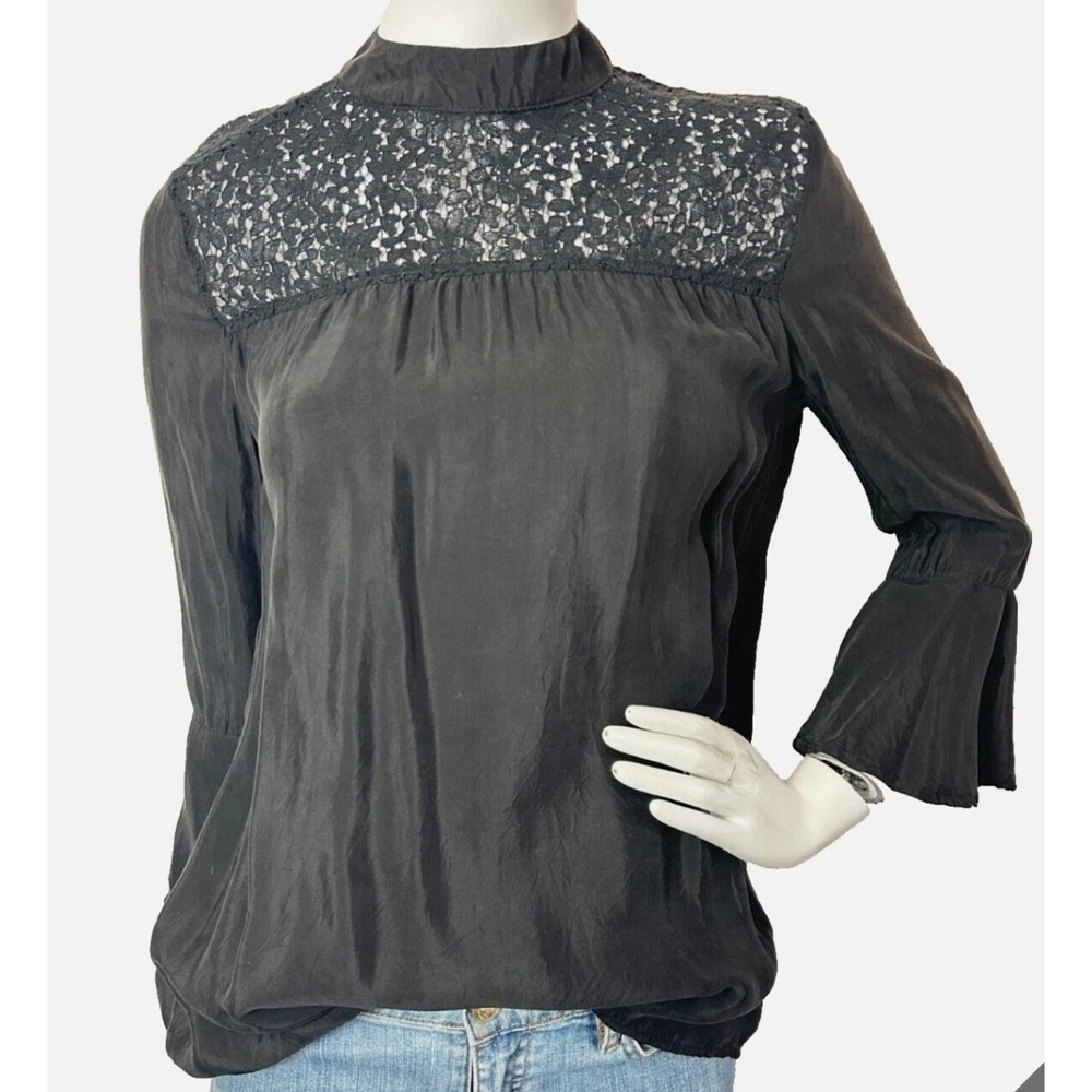 4 Our Dreamers Whimsy Goth Top Size Small Black Lace Flared Sleeve Button Back